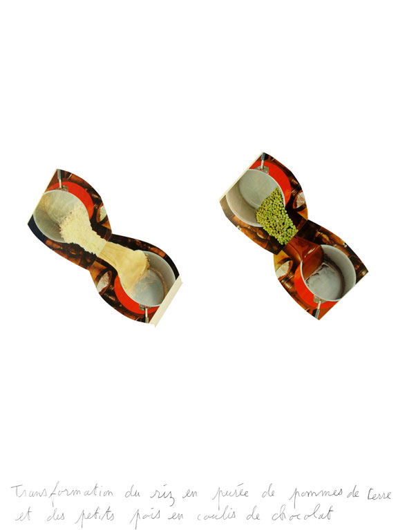 Claude Closky, ‘Transformation de la purée en riz et des petit pois en sauce au chocolat [Transformation of mashed potatoes into rice and of peas into chocolate sauce]’, 1996, black ballpoint pen and collage on paper, 70 x 51 cm.